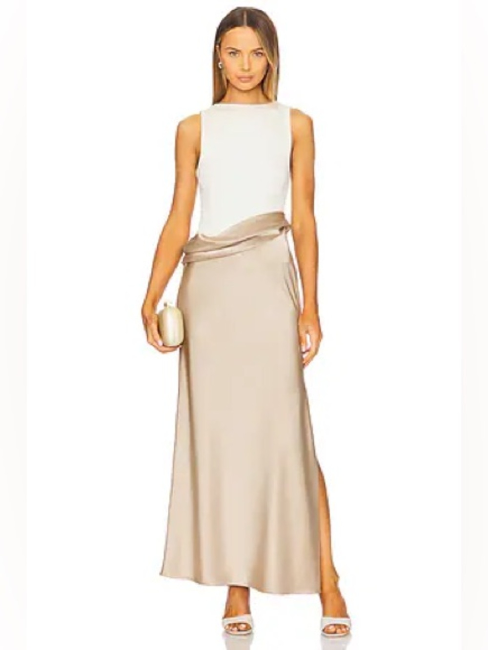Nanushka‎ Cobee Maxi Dress Ribbed Knit Top Satin Slip Sleeveless Tan Sz XS